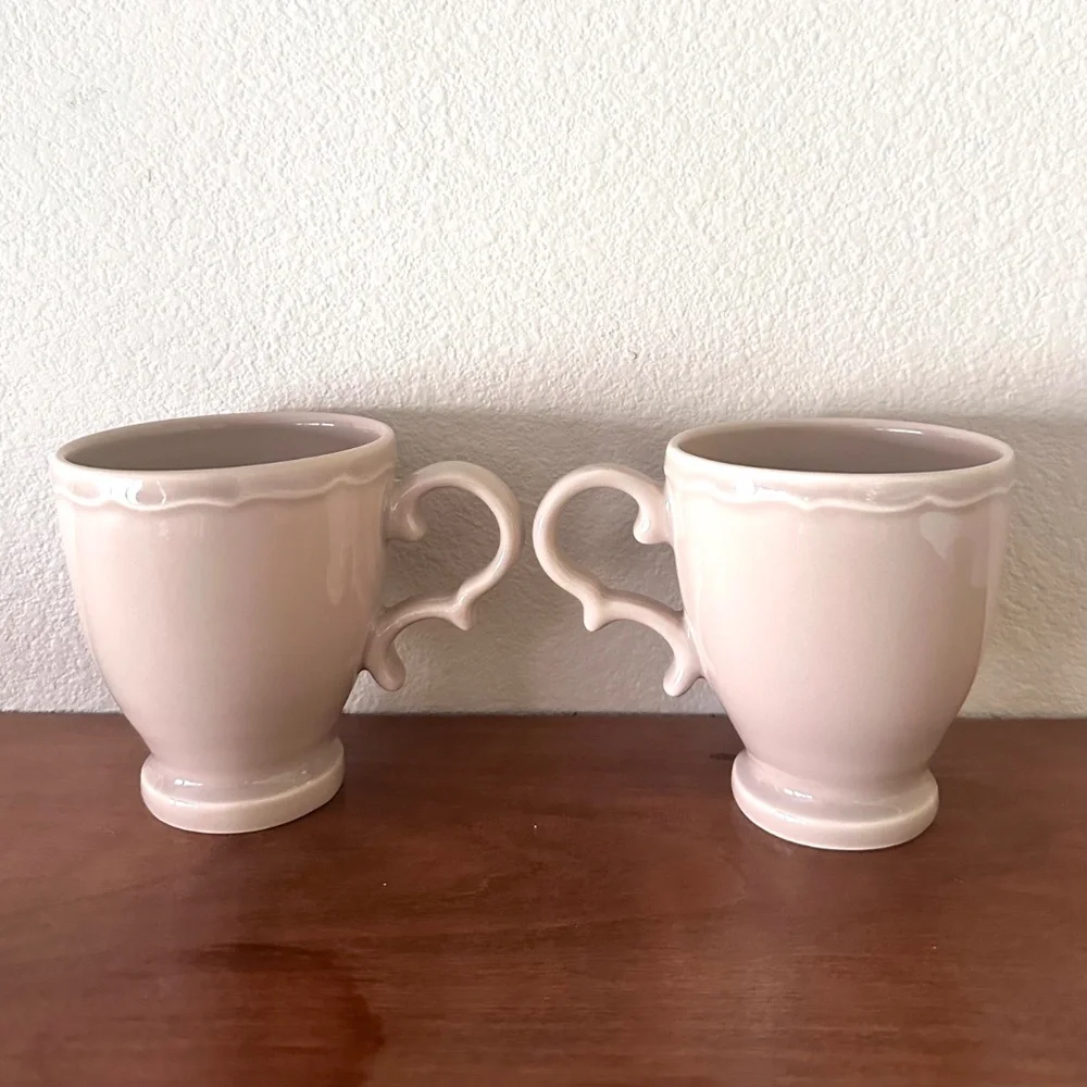 Pair of Williams Sonoma Tea - Coffee Mugs Footed, Beige Color, Ornate Handle